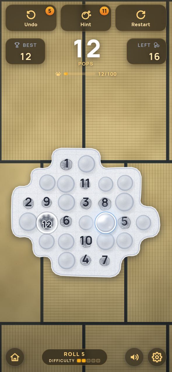 A PopSkip roll in play: an irregular sheet of bubble wrap with twelve popped bubbles numbered in order, 16 bubbles left, and Undo, Hint and Restart buttons with their counts.
