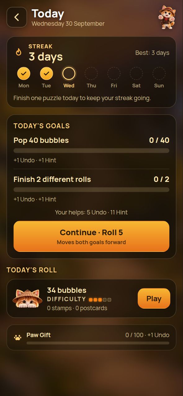 PopSkip's Today page: a three-day streak, two daily goals (pop 40 bubbles, finish 2 different rolls) and today's roll with its difficulty.