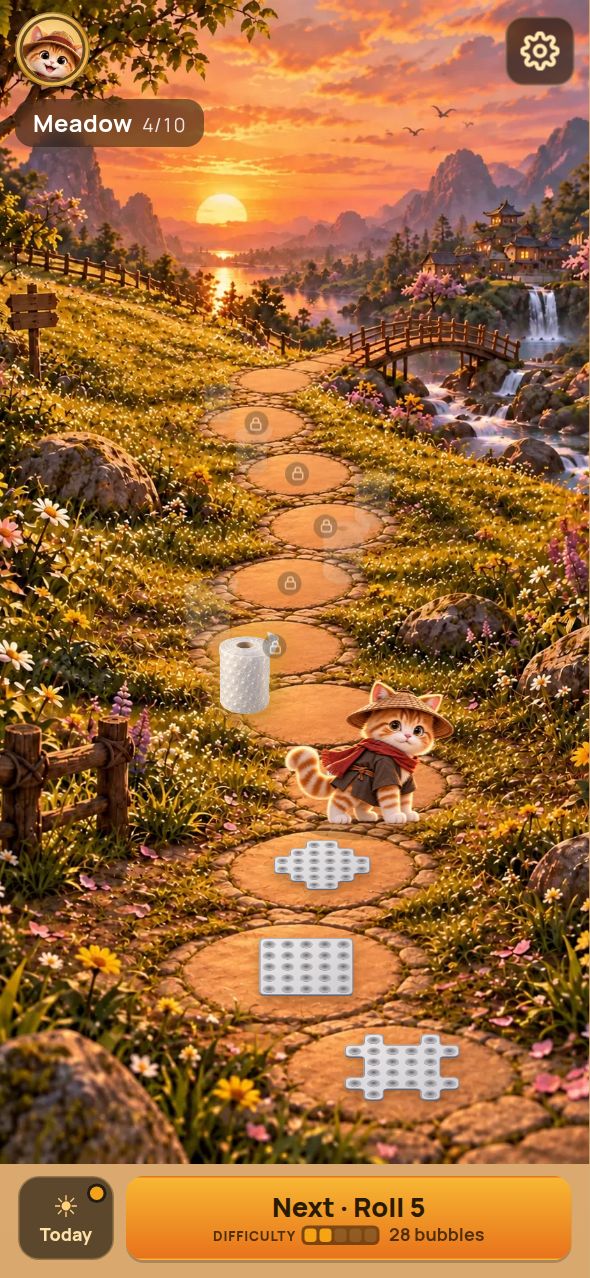 PopSkip's home screen: a painted meadow at sunset with a stone path, a cat in a straw hat and red scarf walking it, finished sheets of bubble wrap on the stones behind and the next roll ahead.