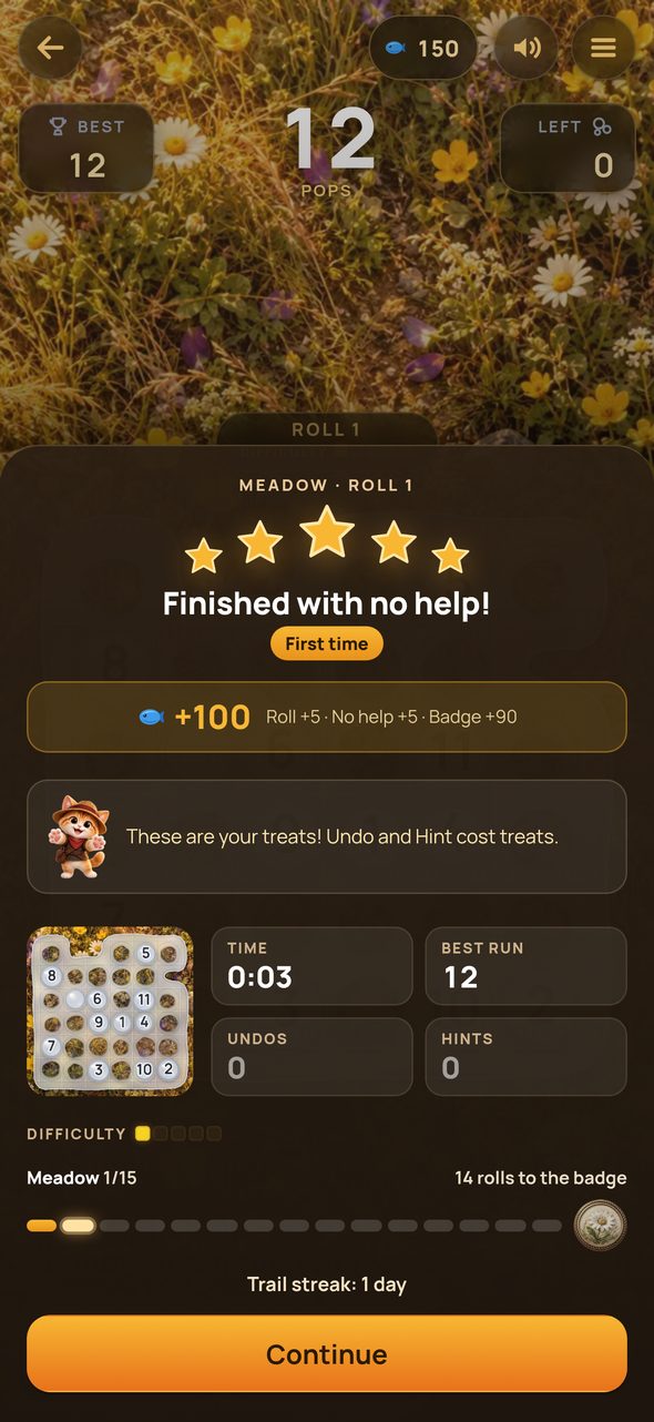 The end of a roll: five stars, Finished with no help, the treats earned, the time and the finished board.