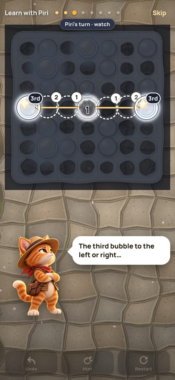 Piri the cat teaching the rule: from one bubble, arrows show the jump to the third bubble left or right.