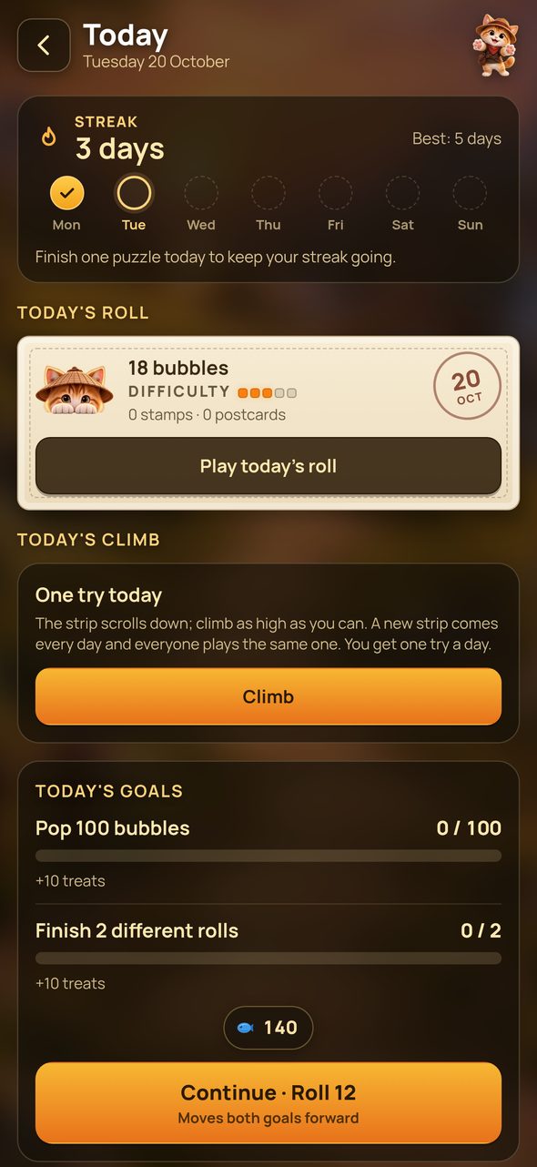 The Today page: a three-day streak, today's roll, Today's Climb with one try a day, and two daily goals.