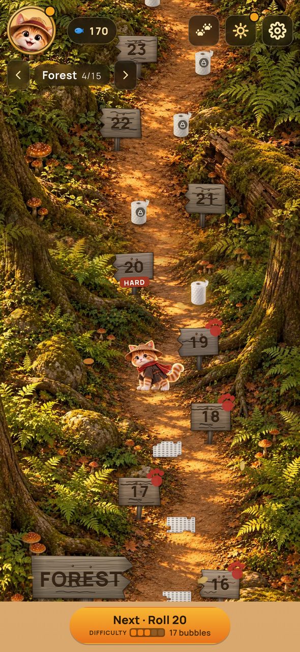 PopSkip's home screen: a painted forest trail with a cat in a hat and scarf on the path, signposts for finished rolls behind it and a button for the next roll.